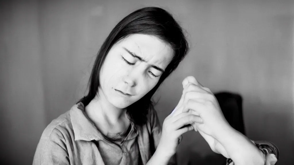 Image similar to scanning electron microscope potable portrait of a crying lady 1 6 years old, with office