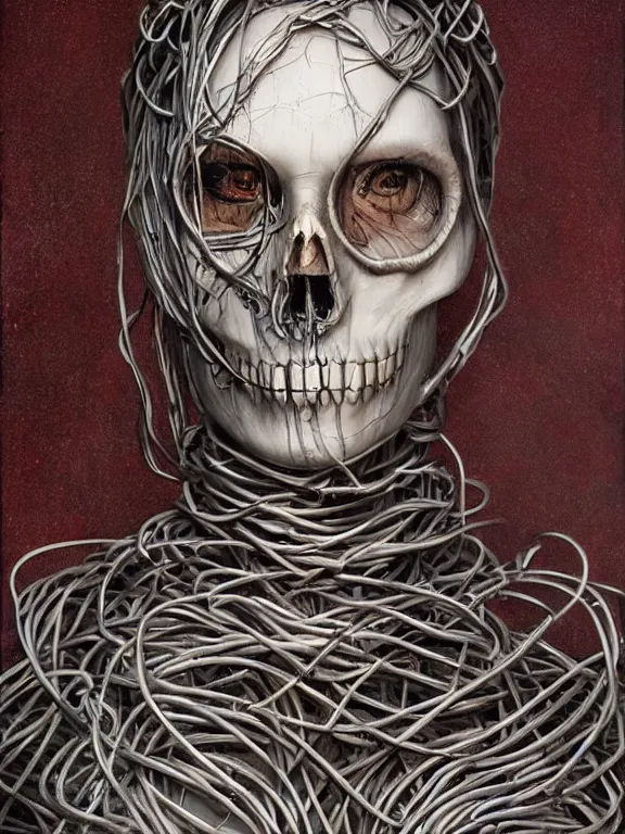 Prompt: art portrait of skeleton made of twisted steel wire ,8k,by tristan eaton,Stanley Artgermm,Tom Bagshaw,Greg Rutkowski,Carne Griffiths,trending on DeviantArt,face enhance,hyper detailed,minimalist ,full of colour,