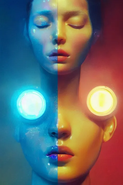 Image similar to 3 d, sci - fi, sun rays, sleepy fashion model face, yellow faces, cinematic, vogue cover style, poster art, light red and deep blue mood, realistic painting, intricate oil painting, high detail, figurative art, multiple exposure, poster art, 3 d, by tooth wu and wlop and beeple and greg rutkowski