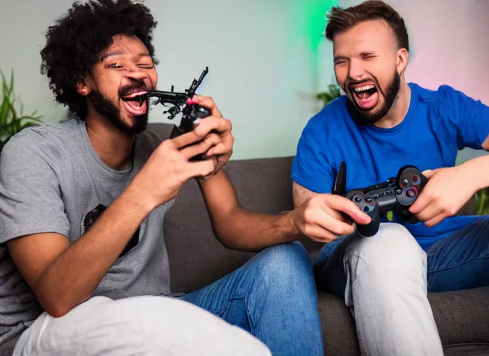 Image similar to Two buddies sitting in a room, smoking a huge blunt and playing playstation 5, they both laugh maniacally and smoking. wideshot. 4k.