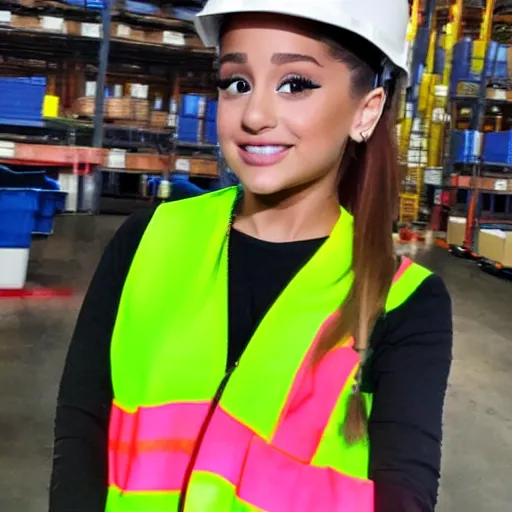 Prompt: photo, close up, ariana grande in a hi vis vest, in warehouse, android cameraphone, 2 6 mm,