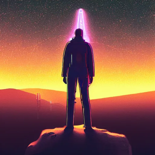 Image similar to realistic man standing in high desert, cyberpunk, digital art, trending on artstation, neon, desert, stars, vaporwave, retrowave, synthpop, 1 9 8 0 s, colorful, glowing, purple