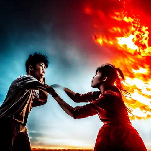 Image similar to photographic portrait, last battle on earth between a young asian woman and young man, sky in flames, apocalyptic, cinematic lighting, dark lighting, award winning, 8 k