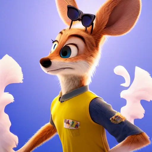 Image similar to 3 d render, portrait, mid shot, anthropomorphic mouse, female, blond fur, blue eyes, wearing denim short shorts and a off yellow tank top shirt, solo, in the style of zootopia