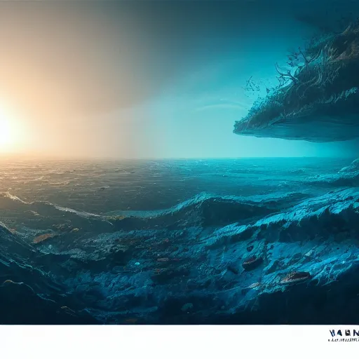 Image similar to vanishing perspective underwater view of the alien landscape on the ocean bed, deep blue ocean color, some plant life, alien landscape, cinematic perspective, cinematic lighting, matte painting, detailed, sci - fi, hdr, 4 k, artstation