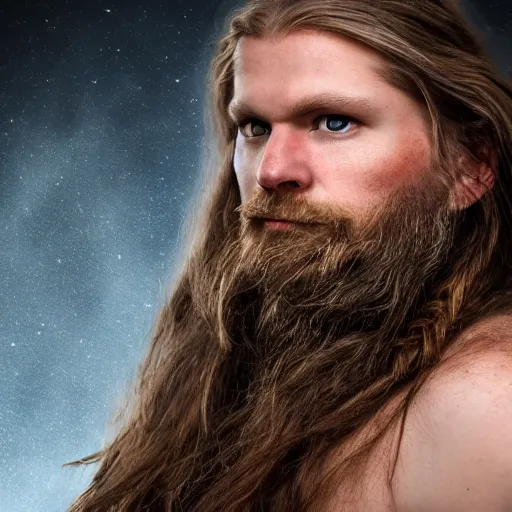 Prompt: hyperrealistic photograph of a brown-haired viking, 8k, profile picture, cinematic, high contrast, epic real fantasy, stoic facial expression, looking at the camera