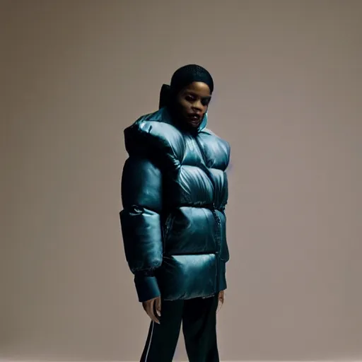 Image similar to realistic! photoshoot for a new balenciaga lookbook, color film photography, portrait of a beautiful woman wearing a puffer jacket, photo in style of tyler mitchell, fisheye lens