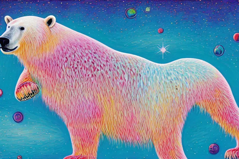 Image similar to a relaxed polar bear looking to the sky by lisa frank, alex grey, flooko, acrylic, digital art, painting,