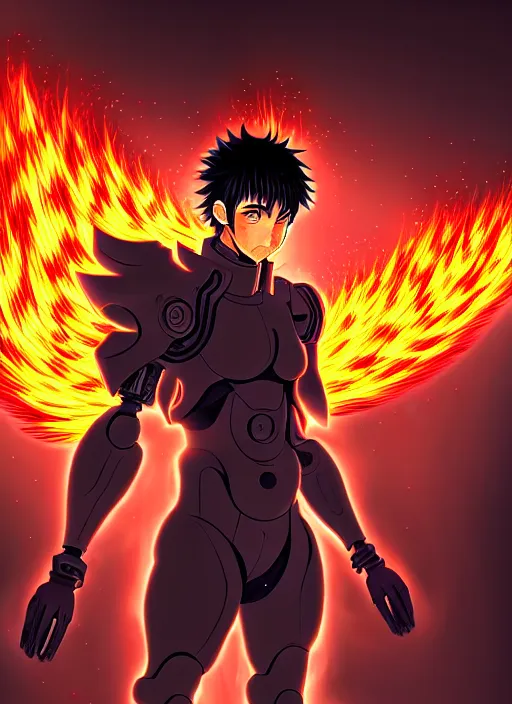 Image similar to a detailed manga full body portrait illustration of a dark haired cyborg anime man surrounded by fire, detailed artwork, realism, 4 k resolution, detailed, high quality, sharp focus, hq artwork, insane detail, volumetric lighting, character concept art, fine details, clear subject, central subject