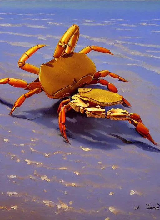 Prompt: a small crab on a sunny beach, extremely detailed oil painting, sargent and leyendecker, savrasov levitan polenov, bruce pennington, tim hildebrandt, digital art, landscape painting, trending on artstation, masterpiece
