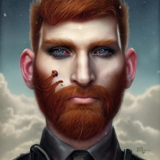 Image similar to fantastic close up portrait of a ginger pale vampire police officer with short hair and a patchy beard, highly detailed, face in focus, sharp focus, art by tom bagshaw and manuel sanjulian