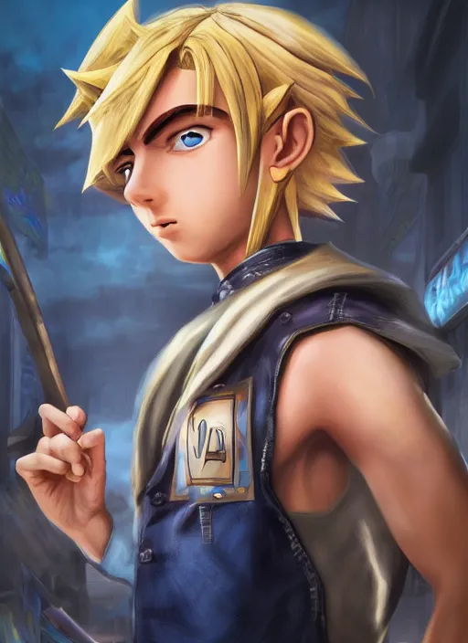 Image similar to An epic fantasy comic book style portrait painting of a young blonde boy thief, yu-gi-oh style, unreal 5, DAZ, hyperrealistic, octane render, cosplay, RPG portrait, dynamic lighting