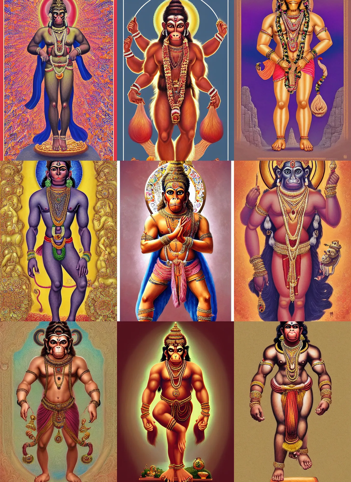 Prompt: a full body portrait of beautiful ornated hanuman!!!! god with flowing medium hair, soft facial features, kind appearence, digital art by krishen khanna and madhvi parekh, symmetrical body, artgerm, portrait, muted color scheme, highly detailed, outrun art style