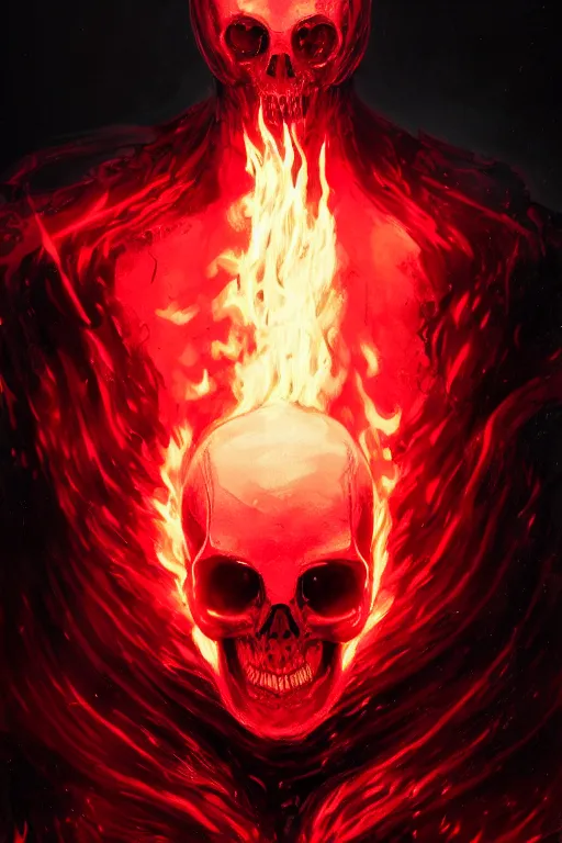 Prompt: A full body portrait of a mysterious character with a flaming skull with a very long hooded blood red and black cloak, tentacles coming out the ground art by Maciej Kuciara, and Cedric Peyravernay, ominous, cosmic horror, trending on artstation, Ultra detailed, hyper realistic 4k