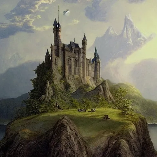 Prompt: 🏰🌄🏞️🌳🌲🌳🌲, George RR Martin, JRR Tolkien, Alan Lee, Frank Frazetta, Irish castle on an island in a lake