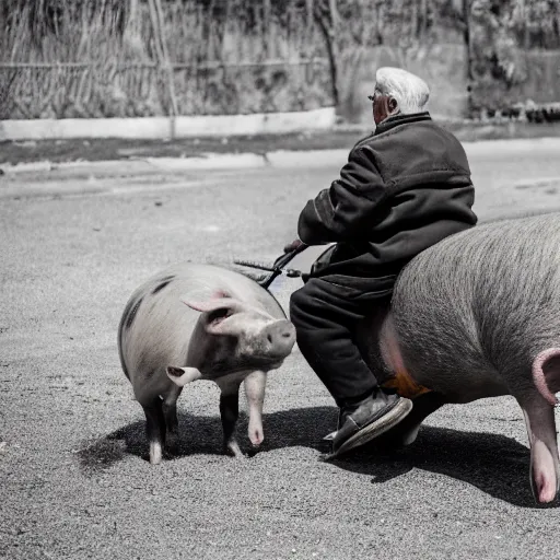 Image similar to portrait of an elderly man riding a pig, canon eos r 3, f / 1. 4, iso 2 0 0, 1 / 1 6 0 s, 8 k, raw, unedited, symmetrical balance, wide angle