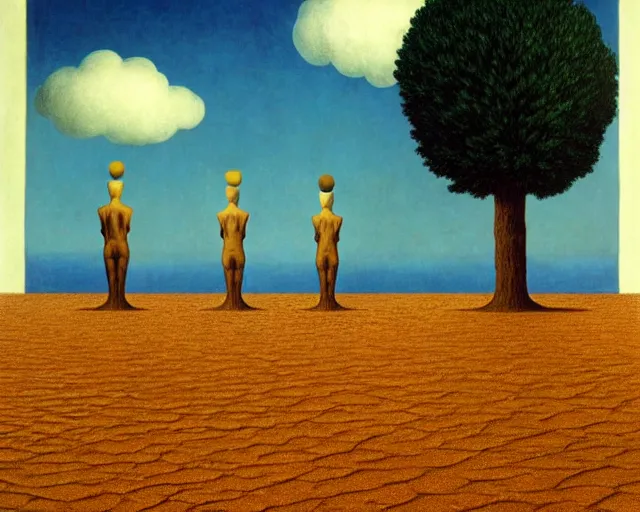 Image similar to magritte imagination. quicksand, desert sand. ancient gods of earth and rain ascend out of the ground. midnight rainstorm, bright floodlights, ancient prophecy. award winning, museum exhibit