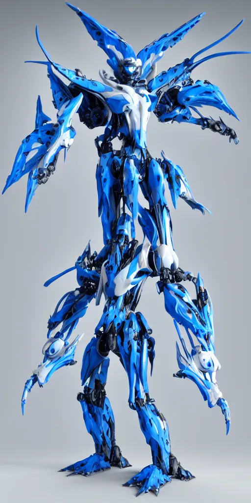 Image similar to a blue and white winged humanoid mecha dragon, octane render, photorealistic, 3D