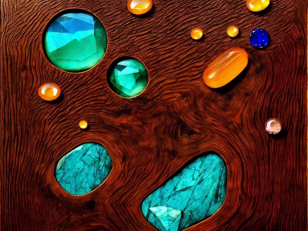 Image similar to gemstones embedded in wood, trending on deviantart, neo surrealism, sharp focus, octane, masterpiece, art by max ernst