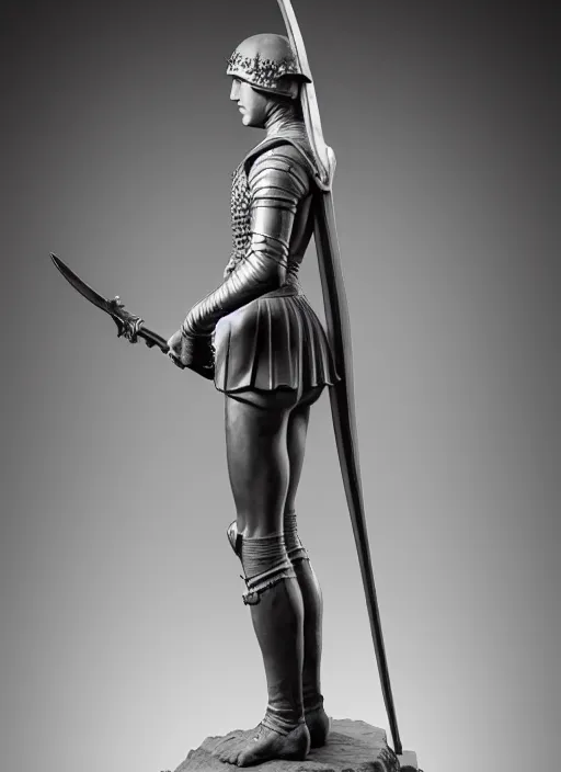 Image similar to a medieval female soldier, elegant, filigree renaissance sculpture from marble, brilliant symmetry, created by verrocchio andrea, leonardo da vinci, sandro botticelli, raffaelle monti, epic 7 0 mm lens shot, artstation trending, photorealism, sharp focus, smooth, establishing shot, sense of awe