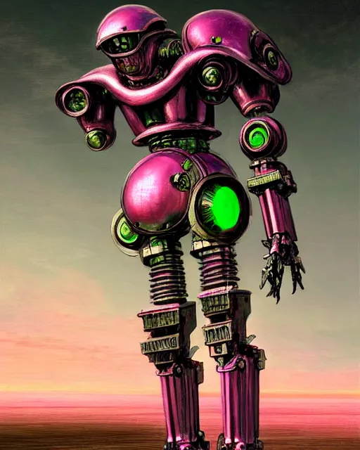 Image similar to hyperrealistic hyperdetailed medieval mecha iridescent pink covered in medieval type battle war concept art santiago caruso de chirico sharp very dramatic green light 8k low angle shallow depth of field