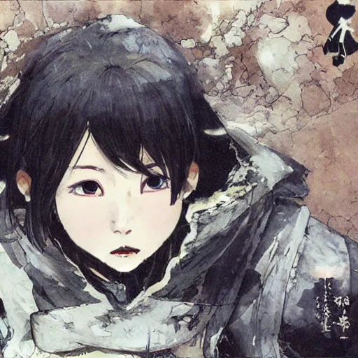 Prompt: cute japanese girl with small horns, dressed in an old white coat, praying on the floor of a destroyed church, with her eyes and mouth closed and a dark smile, detailed artwork by Yoji Shinkawa