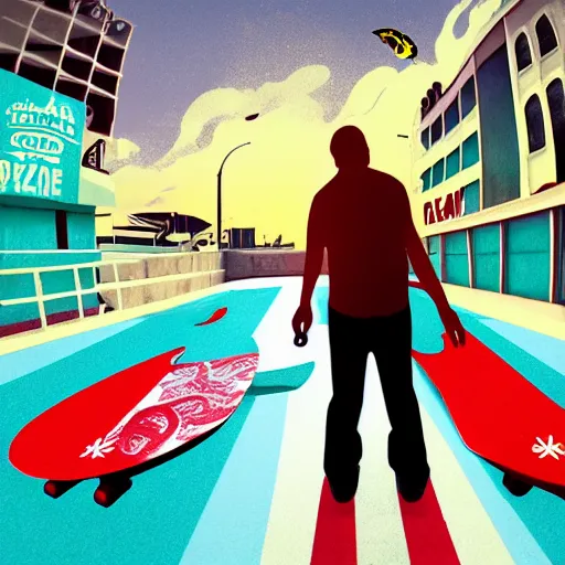 Prompt: skate in ocean. pop punk art, gta liberty city stories style art, no duplicate image, glowing lights, ultra details, digital painting, artstation, concept art, smooth, sharp focus, krita illustration, intricate, art by richard hamilton and mimmo rottela, pixels art by kirokaze and paul robertson - h 7 6 8