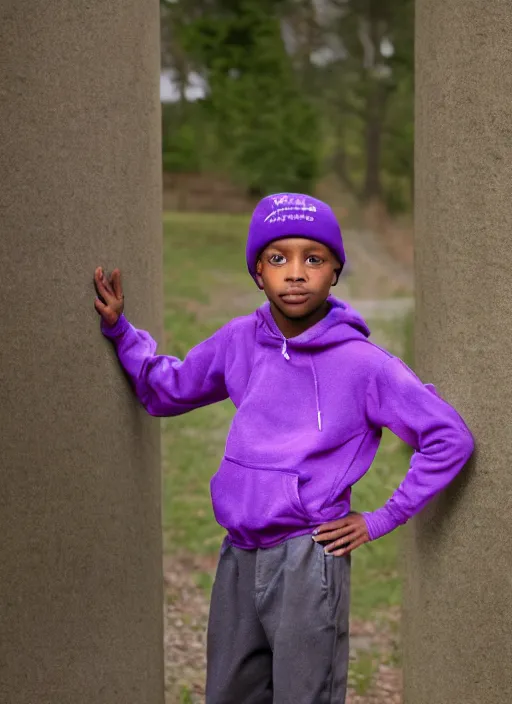 Image similar to portrait photo still of real life young craig tucker wearing a purple hat and purple clothes, 8 k, 8 5 mm, f. 1 4