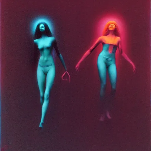 Image similar to charlies angels by beksinski and tristan eaton, dark neon beautiful dystopian holography