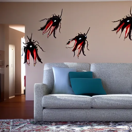 Prompt: Horrifying giant bugs in a small cramped living room, ominous, 4K, high octane,