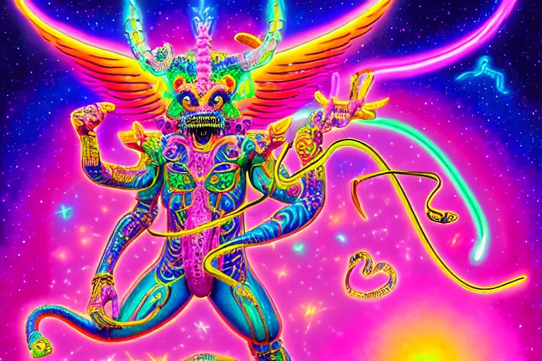 Prompt: lisa frank illustration of rebulon the ancient demon, by lisa frank, masterpiece concept art, 8 k, intricate detail, cinematic lighting, epic pose, bright colors