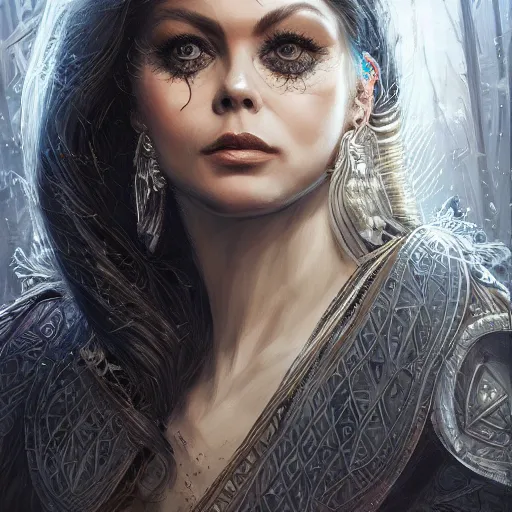 Image similar to a portrait of ornella muti as a sorceress, urban motifs, intricate, elegant, highly detailed, digital painting, trending on artstation, concept art, smooth sharp focus, illustration, art by artgerm and greg rutkowski