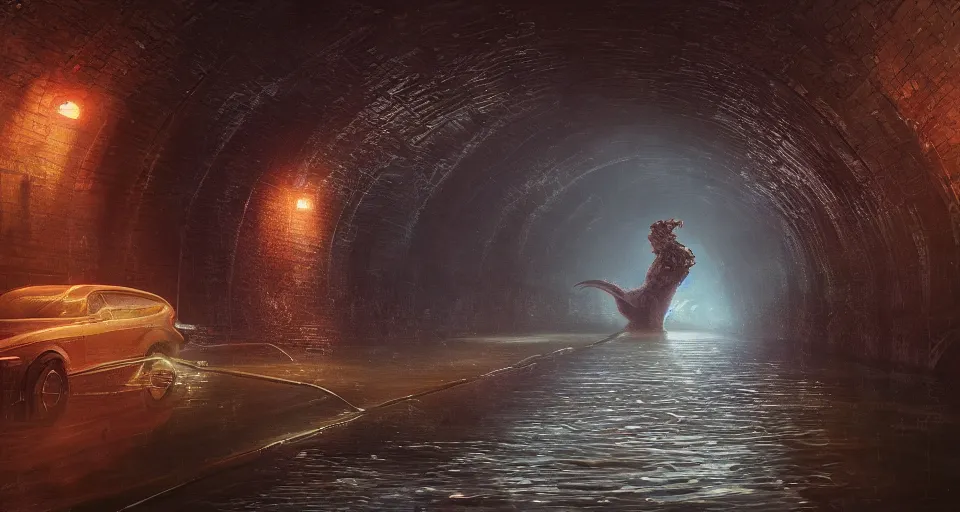 Image similar to a beautiful portrait painting, a water monster that lives in a single lane tunnel with overhead lights, by sam guay, moody lighting, hyperrealism, 4 k, octane render