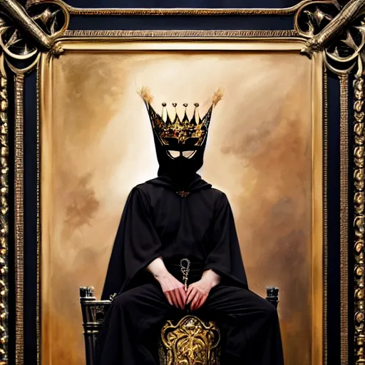 Image similar to full body portrait of masked king in black gothic robes sitting on a throne of swords, elegant, highly detailed painting by gaston bussiere, craig mullins, j. c. leyendecker, 8 k, mid shot