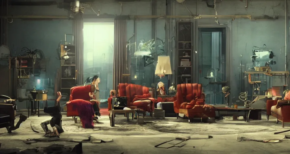 Image similar to impressive small cinematography scene featuring bio - punk aesthetic furniture. close shot of characters discussing an important topic. film still from the new live - action adventure movie. special effects from the studios called industrial light & magi, imageworks, rhythm & hues, weta, blur studio, blue sky studios, sony pictures.