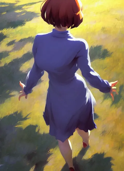 Image similar to Greg Manchess painting of Velma Dinkley, anime style, winged eyelashes, countryside, calm, fantasy character portrait, dark outlines, dynamic pose, above view, sunny day, artwork by Makoto Shinkai, very coherent asymmetrical artwork, sharp edges, perfect face, simple form, 100mm