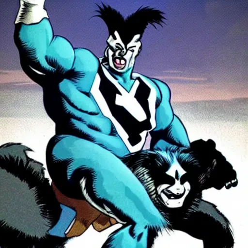 Image similar to a skunk that is blue and is also giant and a super hero by richard corben style