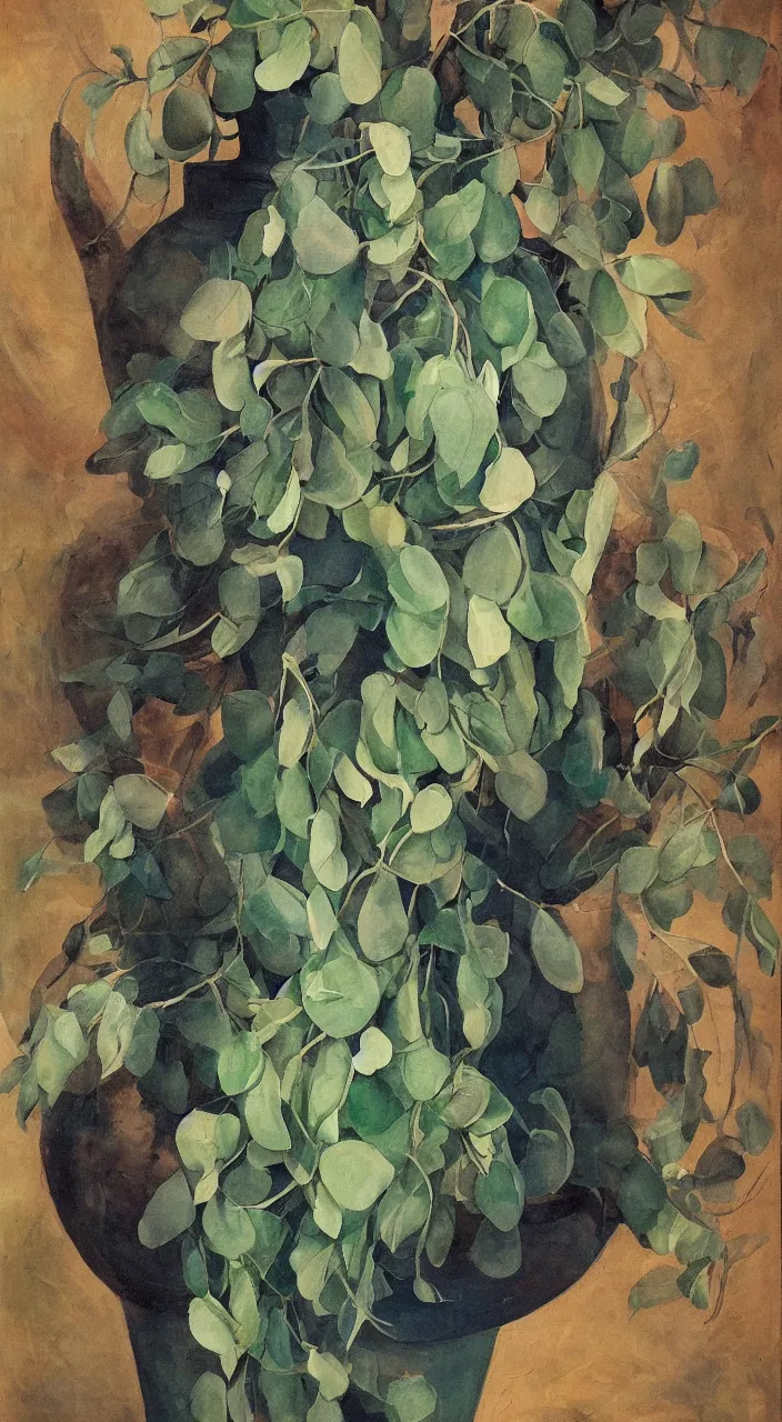 Prompt: a biomorphic ceramic still distilling eucalyptus into green oil, flowing, amphora, alchemical still, brush stroke, romantic painting, dynamic lighting