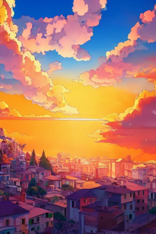 Prompt: colorful and vibrant and provenance paint about key anime visual portrait of an italian city in the background at sunset, the tyndall phenomenon, cumulonimbus clouds, modern anime still, 4 k