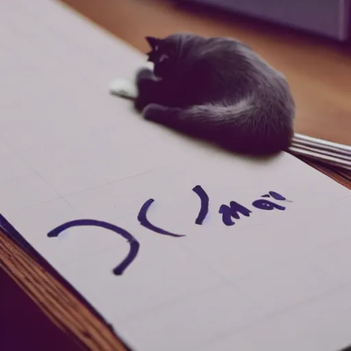 Image similar to a photo of a cat writing the word meow on a notepad