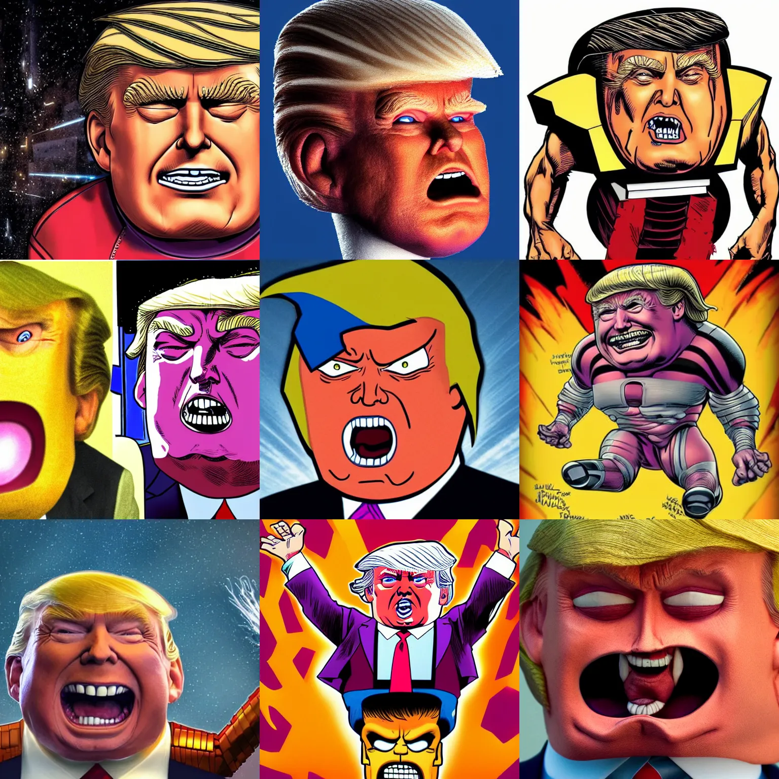 Prompt: donald trump's head as modok, the mental organism designed only for killing, little man in hovering throne, full body, psychic alien with huge head, marvel villain character