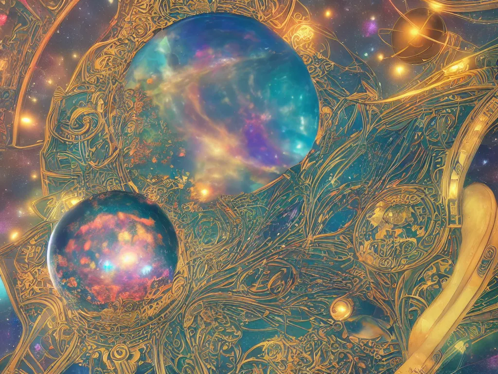 Image similar to The universe is a spheroid region 705 meters in diameter, 3d render, Sunlight Study, by Rory McEwen!!!! and ((((Lisa Frank)))), Art Nouveau, 8k, extreme detail, sharp focus, octane render