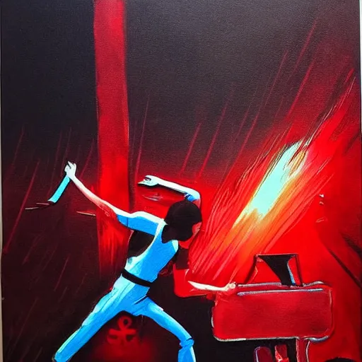 Prompt: beautiful painting of a ninja warrior playing a synthesizer in a music studio with red liquid coming out of the studio monitor speakers