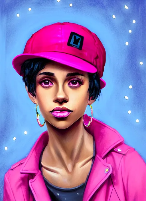 Image similar to portrait of teenage vanessa morgan with bright pink hair, black girl, curly pixie cut hair, wearing newsboy cap, pink short haircut, newsboy cap, hoop earrings, blue eyes, intricate, elegant, glowing lights, highly detailed, digital painting, artstation, concept art, smooth, sharp focus, illustration, art by wlop, mars ravelo and greg rutkowski