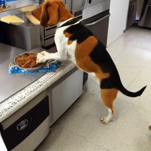 Image similar to a beagle stealing cheese from the counter.