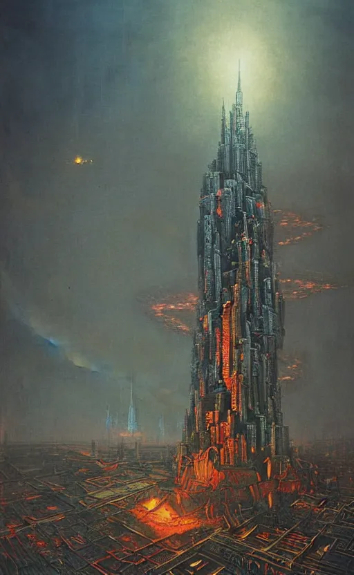 Prompt: warhammer 4 0 k rainbow golden dark eldritch monument with strange cyberpunk glowing symbol rising from a futuristic city into the sky by beksinski, high detail hyperrealistic