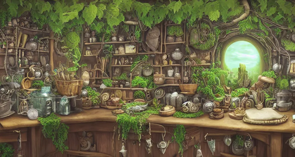 Image similar to small witch shop, counter, cauldrons, potions, hats, owls, ferns and vines, highly detailed, sharp focus, matte painting, by studio ghibli, by giovani magana,