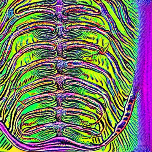 Prompt: nematode worms find a plant cell, microscopy, microscope, trippy, Alex Grey, colour halftone, science, scientific, journal