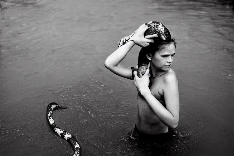 Prompt: closeup portrait of a girl carrying a python over her head in a flood in Pitt Street in Sydney in Australia, photograph, natural light, sharp, detailed face, magazine, press, photo, Steve McCurry, David Lazar, Canon, Nikon, focus