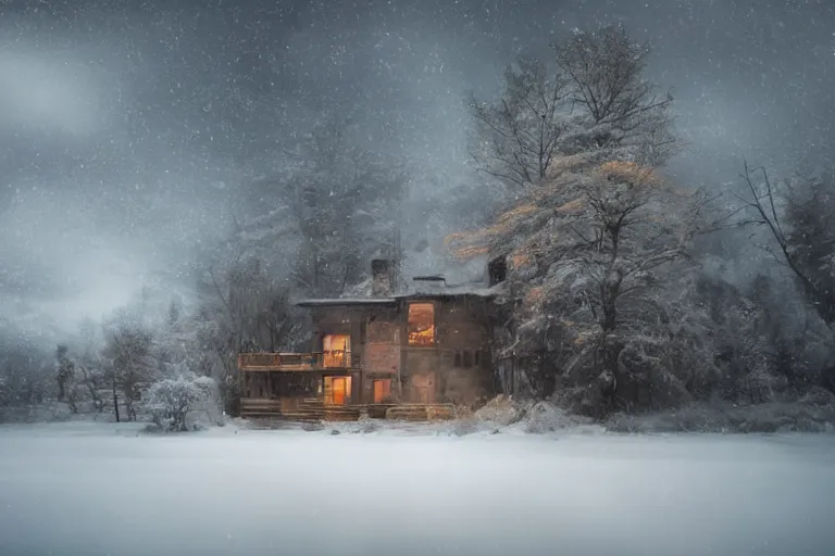 Image similar to amazing landscape photo of a lake house in winter by marc adamus beautiful dramatic lighting,